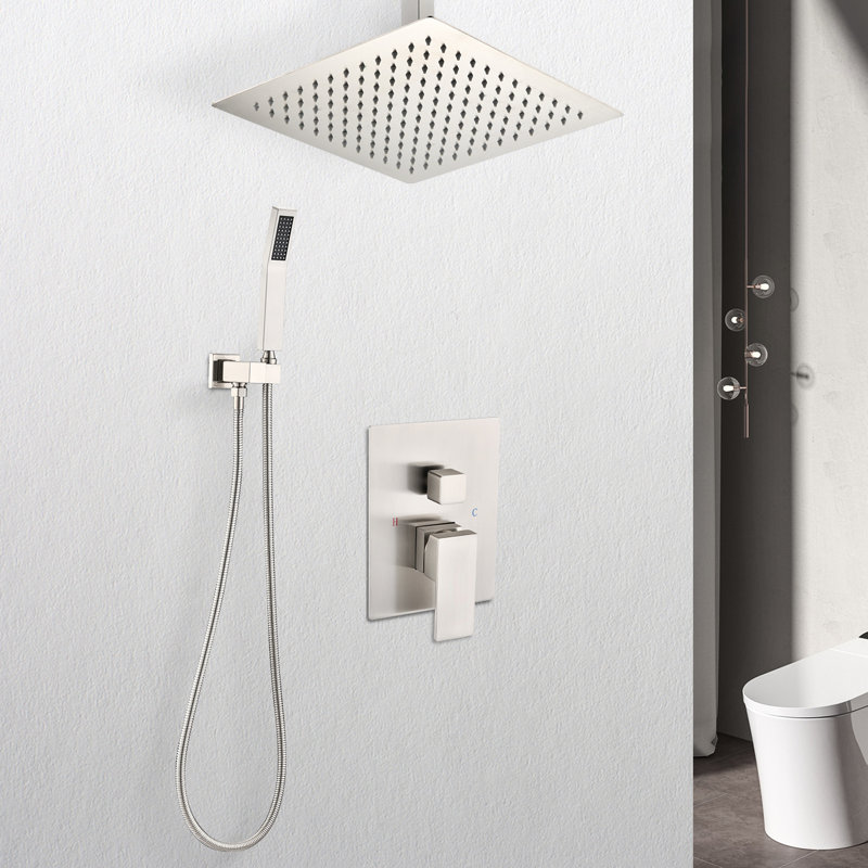 Brushed Nickel Ceiling Shower With 16" Head - Handheld, Brass Mounted And Handheld Nickel, Made, Brushed Nickel