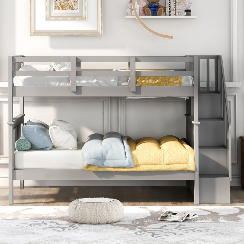 Grey Stairway Bunk Bed With Storage Compartments And Guard. Bedroom & Dorm Essentials. Solid Wood Construction. Extra Storage. Safe Stair Entrance. Versatile Setup. No Box Spring Required. 250/300Lbs