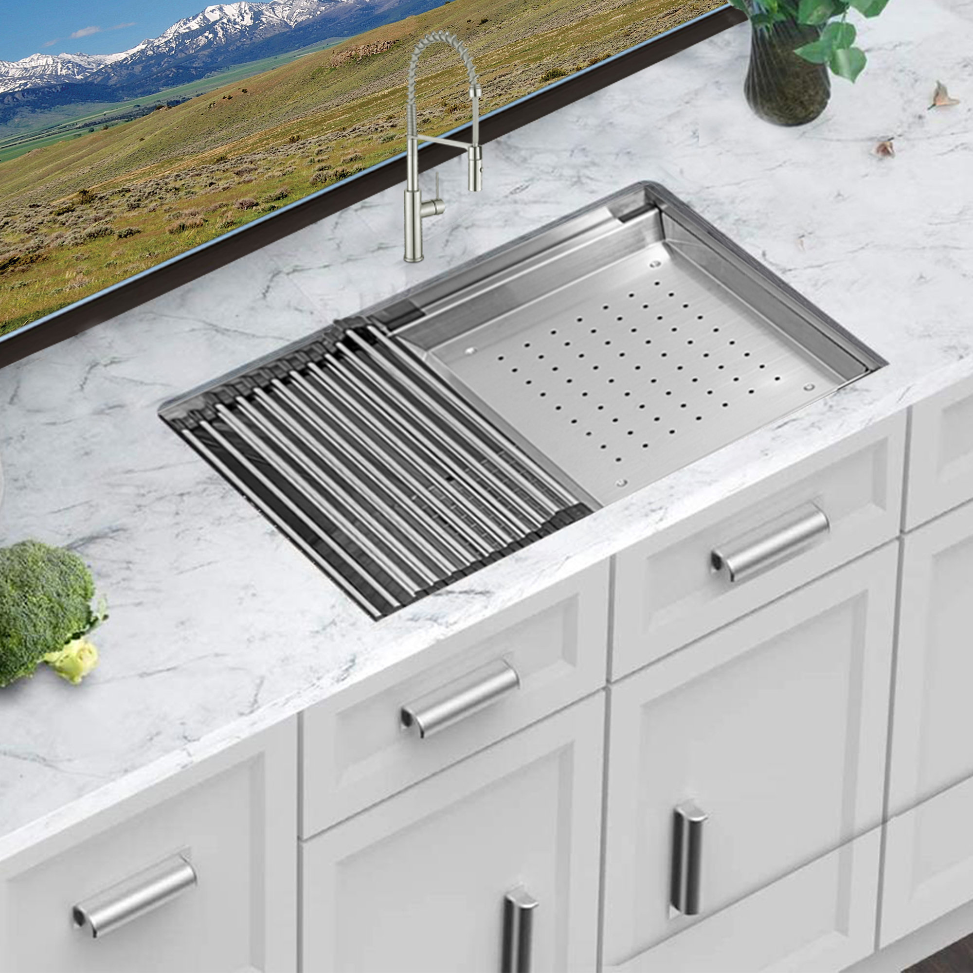 KBFmore 30 Inch Single Bowl Farmhouse Workstation Kitchen Sink with 6 PCs Kitchen  Sink Accessories