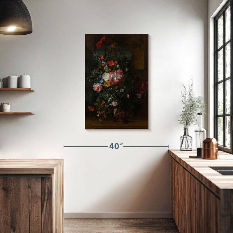Fleurs Harnek dans un vase en terre cuite sur une balustrade, H 36 po x l 24 po