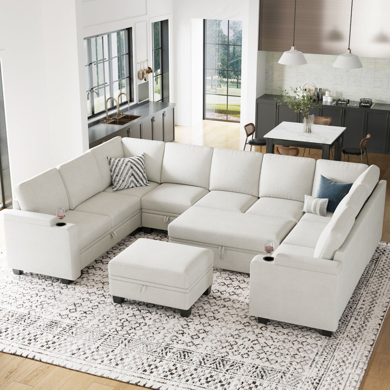 Canapé modulaire en U en chenille avec porte-gobelet Anjanette, Chenille beige