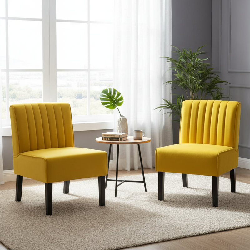 2 piece Channel tufted back slipper chair, Yellow