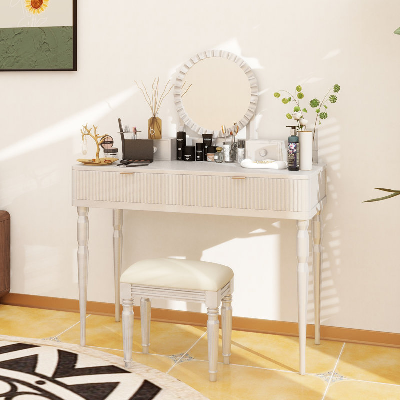 Ensemble de coiffeuse de luxe avec miroir rond, hauteur réglable, coiffeuse, 4 tiroirs et tabouret, Argent argent