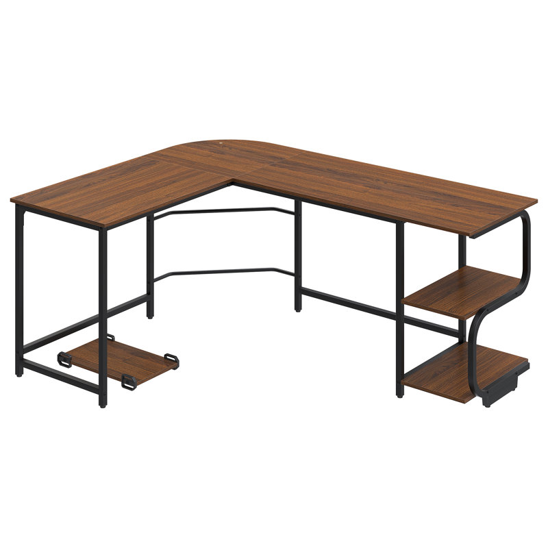 L-Shaped Metal Base Computer Desk, Dark Teak/Black, 29.3" H x 68.9" W x 53.1" D