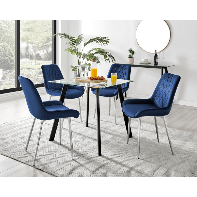 Scandinavian Style Glass and Metal Leg Square Dining Table Set - 4 Modern Velvet Dining Chairs, Navy Blue/Silver