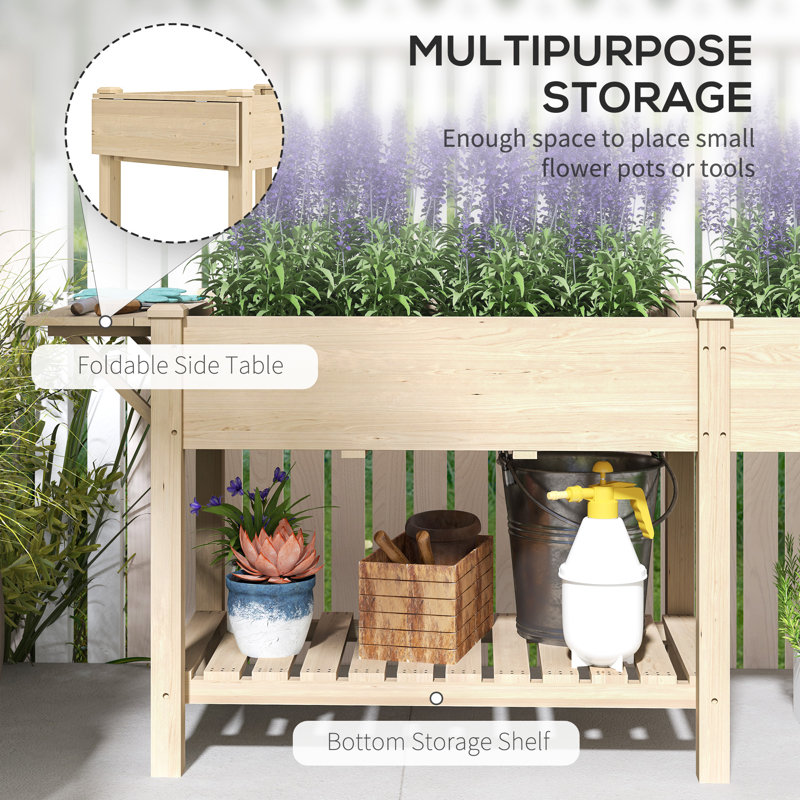 Raised Garden Bed, Wood Garden Box with Bottom Shelf, Natural Wood