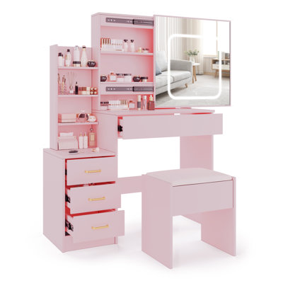 Makeup Vanity Set With Sliding Mirror And Built-In Light For Bedroom And Dressing Area
