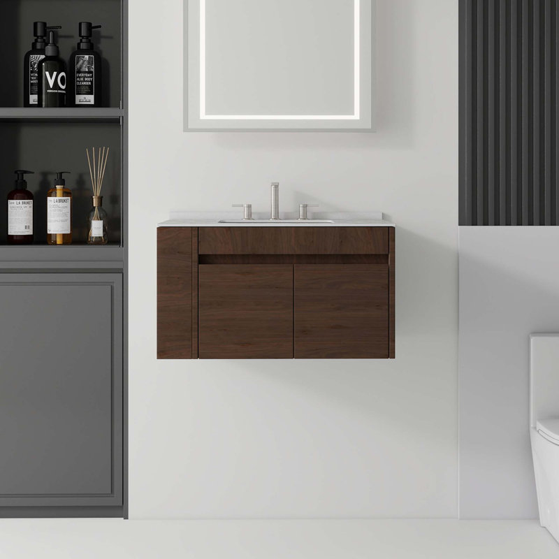 Meuble-lavabo flottant avec lavabo et porte à fermeture en douceur, Brun
