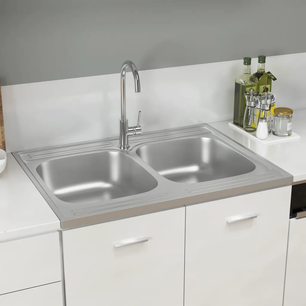 Belfry Kitchen Torres 600mm W Double Bowl Stainless Steel Drop-In Kitchen Sink with 2 Faucet Holes