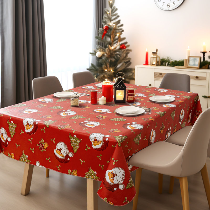 Nappe de Noël rectangulaire en vinyle avec envers en flanelle, imperméable, 132 x 229 cm, motif Père Noël, sapins et cloches, rouge.