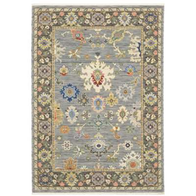 Tapis oriental gris en laine tissé à la machine Macqueen
