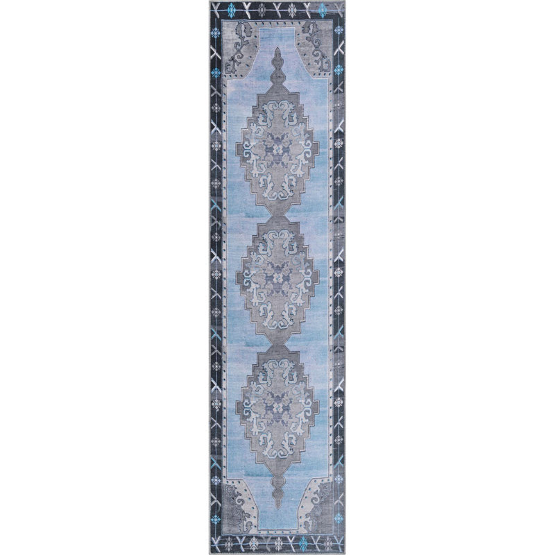 Tapis traditionnel de couleur gris-bleu, Tapis de couloir 2 pi 6 po x 10 pi