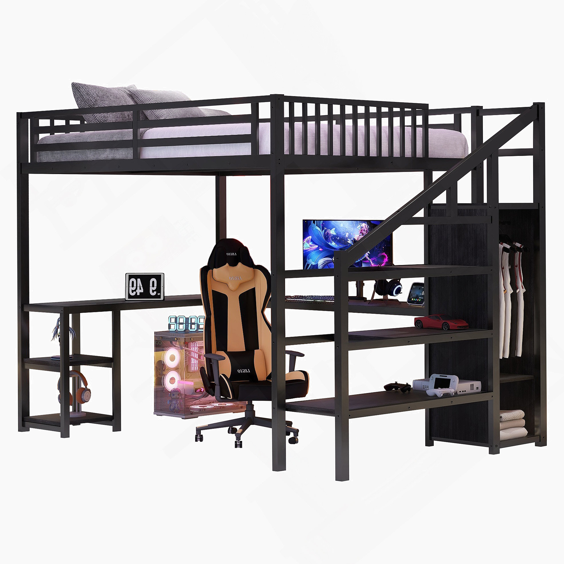 Trent Austin Design® Metal Queen Loft Bed With Wardrobe And LED Light ...