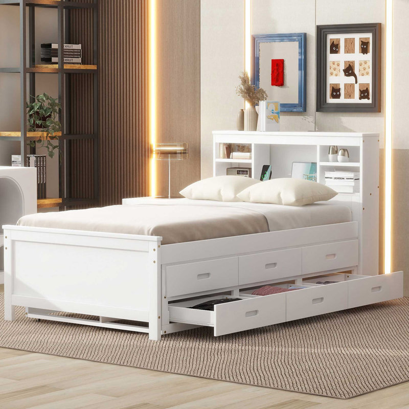 Platform Bed With Storage Headboard, White