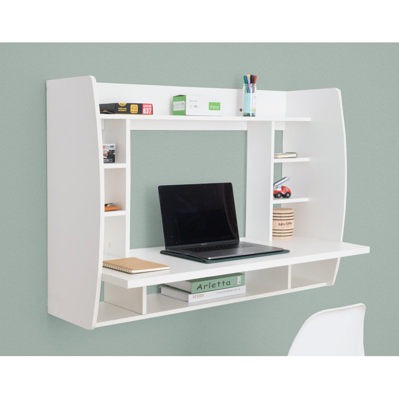 Amon Versatile Wall Mount Floating Computer Desk - Stylish and Space-Saving Writing Study Table with Shelves - Ideal for Living Room, Bedroom, and Home Office, White