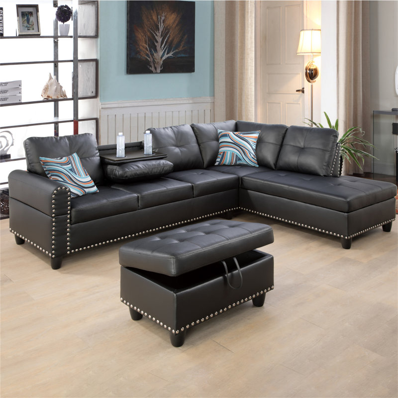 Canapé modulaire avec repose-pieds Plyler, Similicuir noir, Orienté à droite