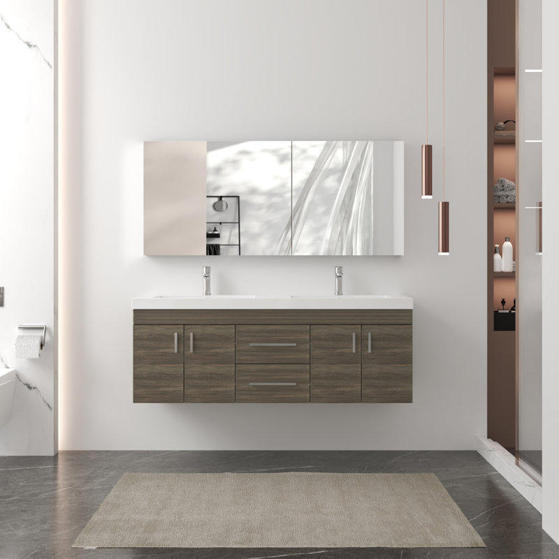 Avalia 60'' Wall Mounted Double Bathroom Vanity with Solid Surface Top, Gray