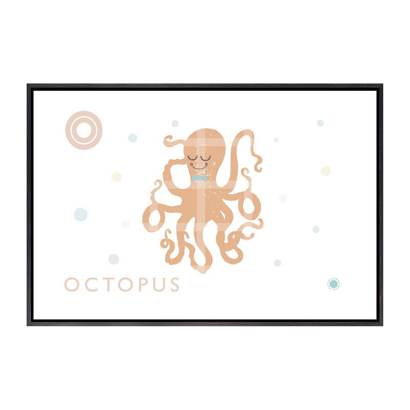 Pieuvre - impression d'art graphique, Toile avec cadre noir patiné, H 40 po x l 60 po x 1,5 po, Pas de tapis