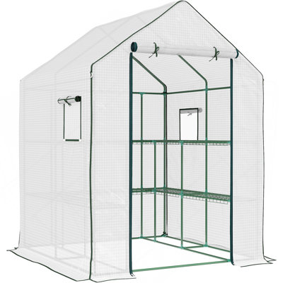 Outsunny 4.6' X 4.7' Portable Greenhouse, Water/UV Resistant Walk-In Small Outdoor Greenhouse With 2 Tier U-Shaped Flower Rack Shelves, Roll Up Door & Windows