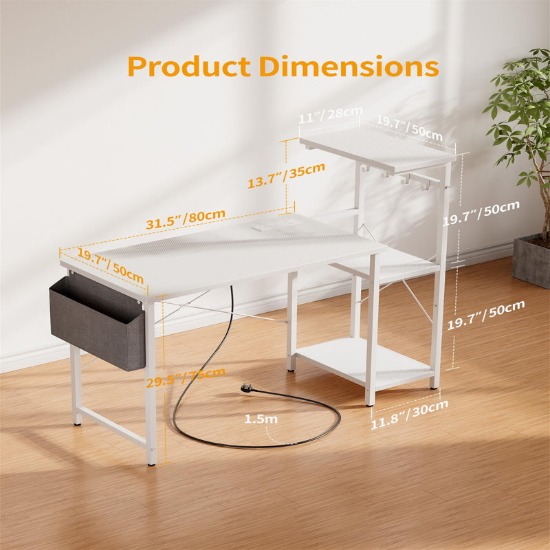 Metal Base Computer Desk with Power Outlet, White