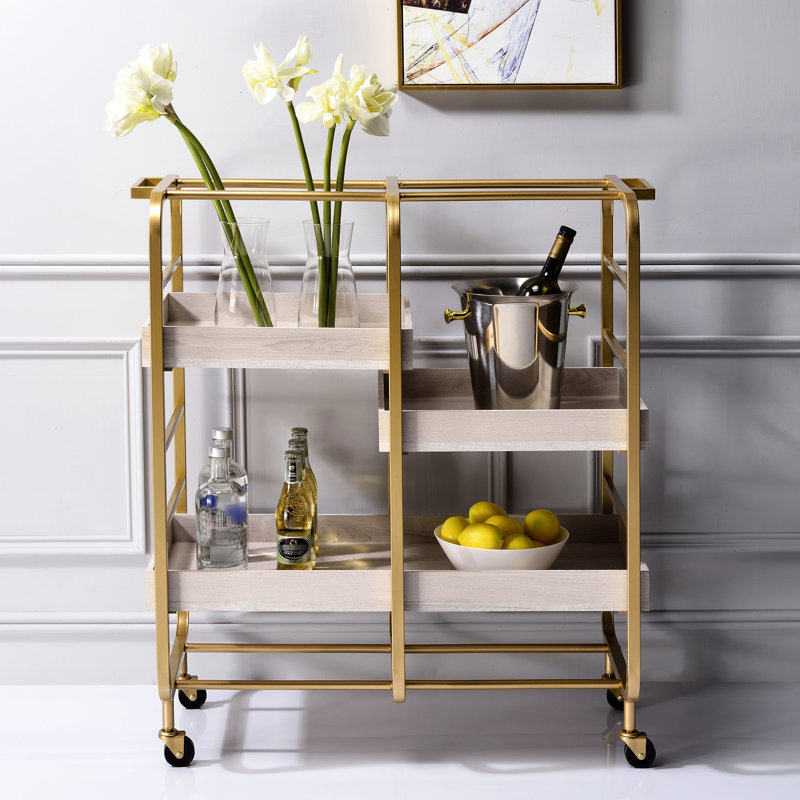Gold And White Kitchen Serving Cart With 3 Adjustable Trays - Strong Metal For Dining Room Spacious Growth