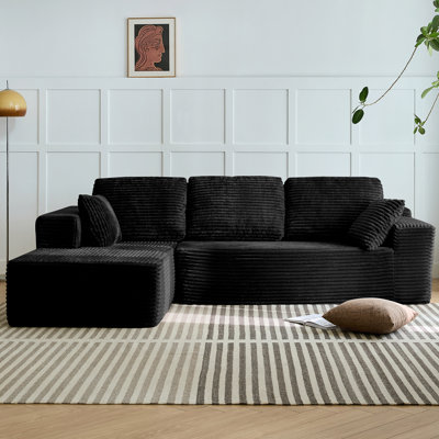 96" L-Shaped Boneless Couch Cloud Sectional Compression Sofa with Oversized Chaise, Modular 3-Seater Corduroy Couch for Living Room & Bedroom, Compression.Deep Seat No Assembly Required (Black, L Shape with Left FacingChaise)