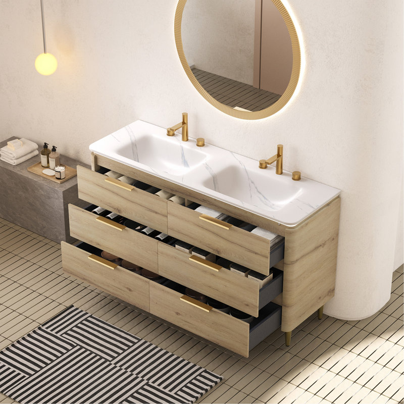 Meuble-lavabo de 60 po avec lavabo encastré en contreplaqué à bords arrondis avec 6 tiroirs, lavabo intégré en pierre frittée blanche, blanc pré-assemblé