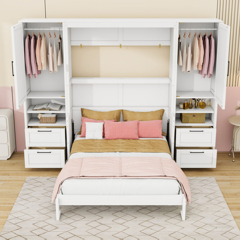 Lit escamotable double en bois avec quatre tiroirs, tablettes et placard, Blanc