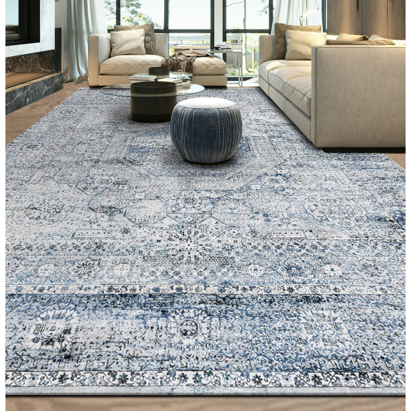 Tapis rectangulaire en viscose noué à la main bleu / argent, Rectangle 10 pi x 14 pi