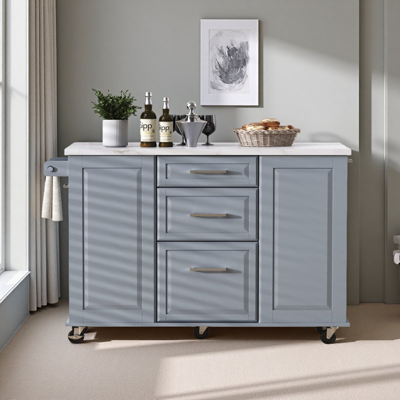 Îlot de cuisine 50,7 po avec rangement pour bac à ordures inclinable et organisateur d'armoire escamotable, îlot de cuisine sur roulettes sur 5 roulettes