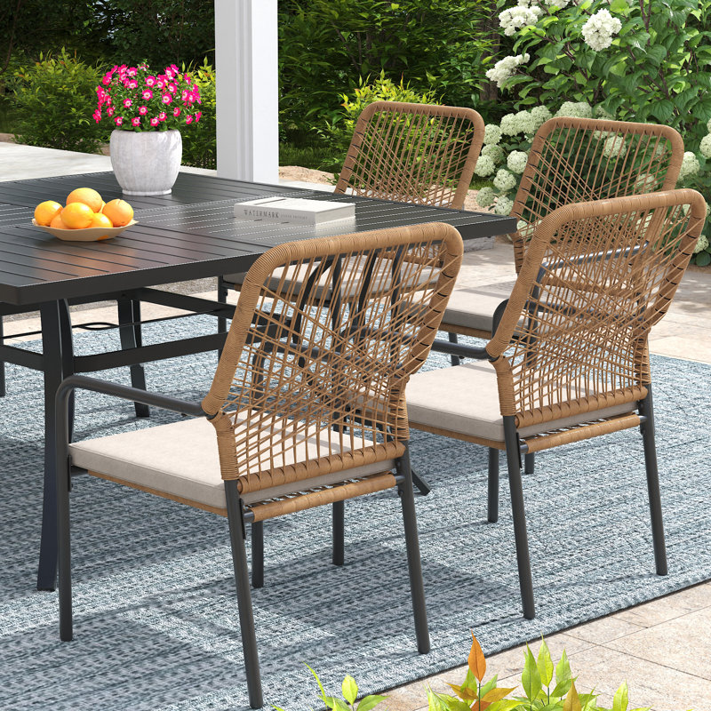 8-Person Patio Dining Set with Extra Large Square Dining Table and Cushioned Stackable Rattan Chairs, Black