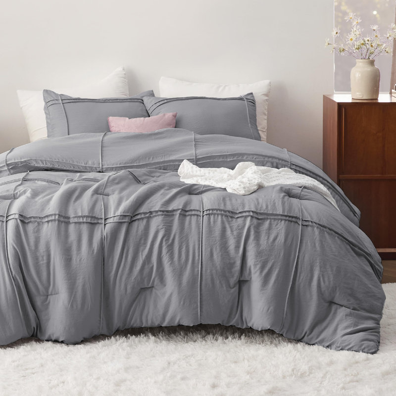Bedsure Prewashed Pinch Pleat Bedding Sets, Gray, King Comforter + 3 Additional Pieces