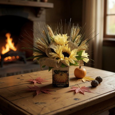 Arrangement d'automne tournesol et blé dans un pot en ciment