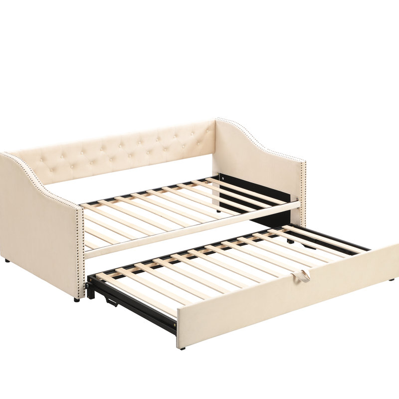 Lit de jour simple tapissier avec gigogne escamotable beige, Beige