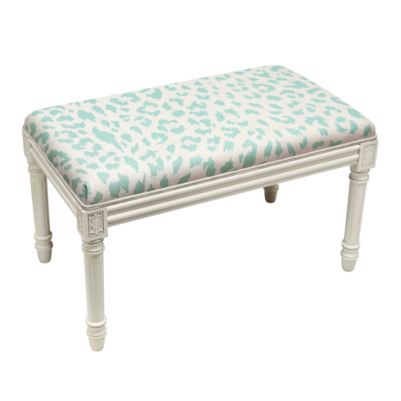 Banc en bois massif Cambel, Blanc antique / imprimé guépard turquoise