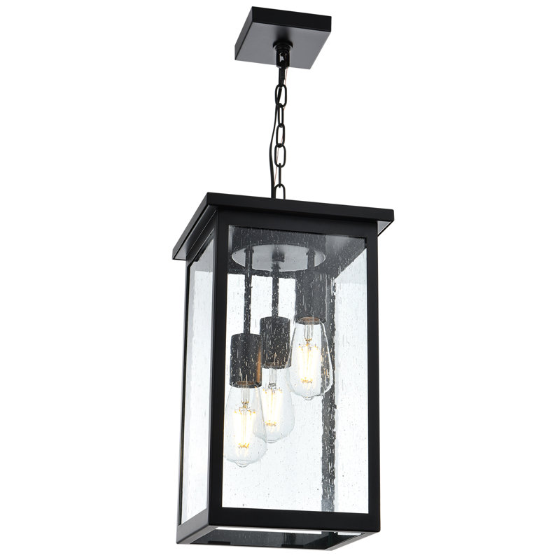Black Outdoor Pendant Light Fixture, Exterior Chandelier Hanging Lantern For Front Porch, Anti-Rust Waterproof Farmhouse Outdoor Ceiling Lamp With Seeded Glass.