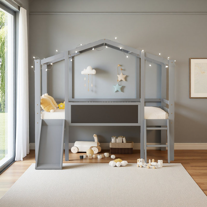 Twin Size Loft Bed With Ladder And Slide, Grey