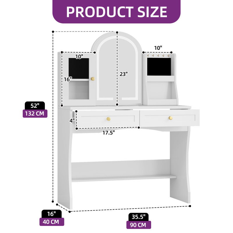 35.5" W Makeup Vanity With Led Lighted Mirror And Power Outlet, White