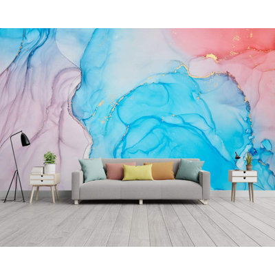 Abstract Blue Red Marble Look Gold Veins Removable Wallpaper