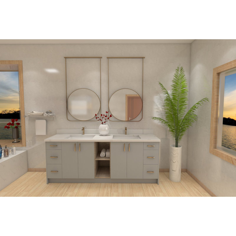 Pasadena 84" Double Bathroom Vanity Base, Ready to Install, Snow Pearl