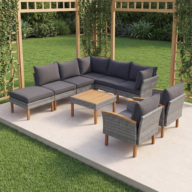 Ensemble de conversation 9 pièces en rotin pour terrasse, canapé modulaire 8 places avec table basse en bois d'acacia et coussins lavables