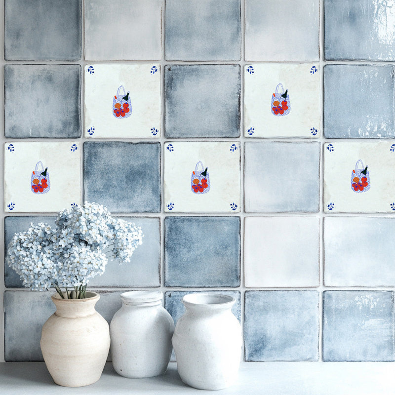 Carreau de mosaïque autocollant en vinyle, motif oranges et coins botaniques bleus, style panier de marché européen vintage 10 x 10 cm