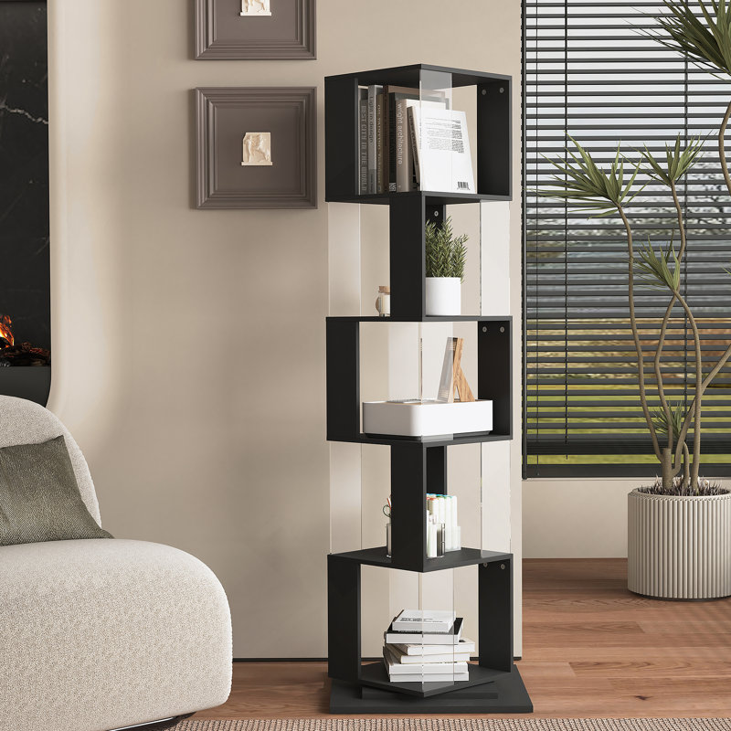 Bibliothèque rotative à 5 niveaux, support de plancher avec plaque en acrylique et base anti-arrachement, Noir