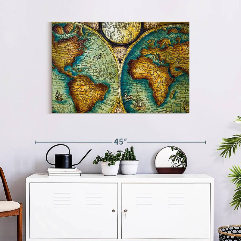 Carte du vieux monde sur toile, H 24 po x l 36 po x P 1,25 po