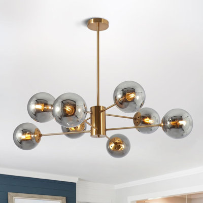 Mid Century Modern 8-Light Chandelier With Bubble Glass Pendants, Brass Metal Frame For Dining Room, Kitchen, Living Room Lighting