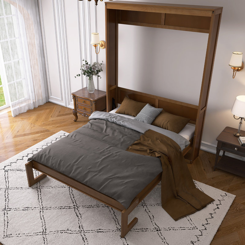 Lit escamotable en bois massif avec armoire en rotin pour économiser de l'espace, Double, Noyer