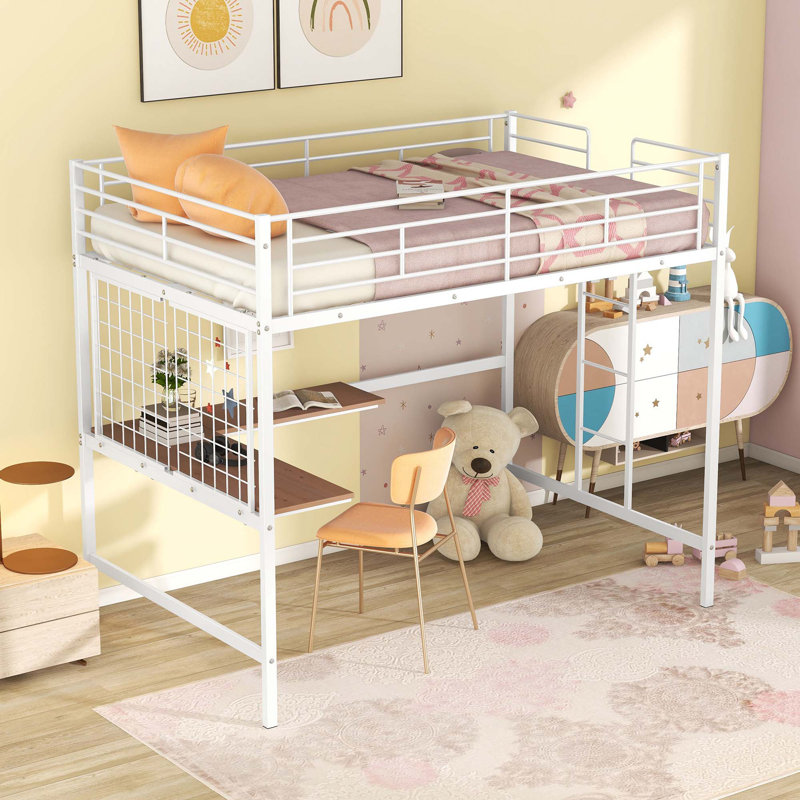 Loft Bed With Desk And Metal Grid, Twin, White