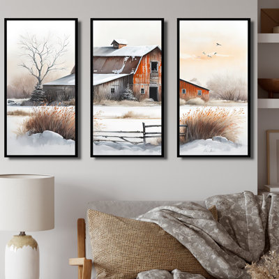 «Red Barn Scenery In Winter II», reproduction sur toile 3 pièces
