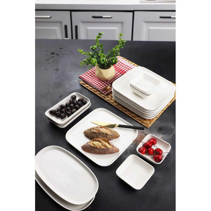 Ensemble de petit-déjeuner 14 pièces, 100% céramique, blanc | Comprend 6 assiettes de service (9,1 x 9,1 x 0,8 po), 2 grandes assiettes (5,1 x 9,8 x 0,8 po), 2 petites assiettes (3,9 x 7,1 x 0,8 po), 4 bols (3,9 x 3,9 x 1,2 po) | Lavable au lave-vaisselle, conception élégante pour tous les repas