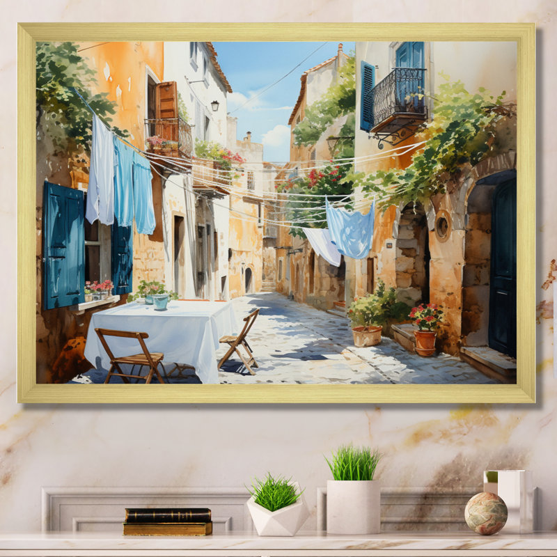 Jour de lessive en Italie I - Art mural, H 16 po x l 32 po x P 1 po, Cadre doré simple